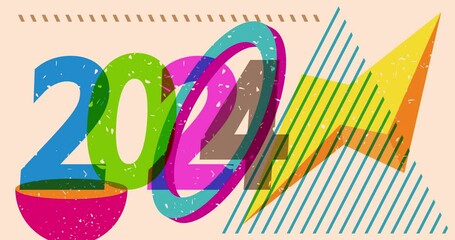 Poster - Risograph number 2024 with geometric shapes animation. Moving object in trendy riso graph design video.