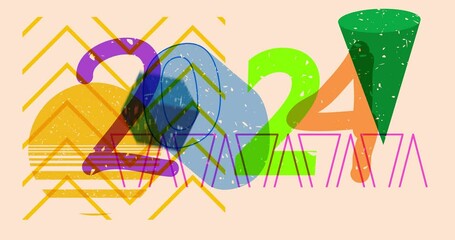 Poster - Risograph number 2024 with geometric shapes animation. Moving object in trendy riso graph design video.