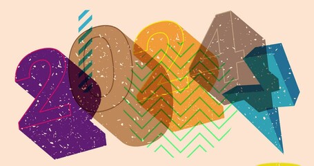 Poster - Risograph number 2024 with geometric shapes animation. Moving object in trendy riso graph design video.