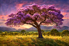 Beautiful Landscape Painting Of A Beautiful Flowering Jacaranda Tree In A Field At Sunset With Mountains In The Background