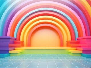 Wall Mural - Podium Stage Display Mockup. Minimal mockup for product showcase banner in rainbow colors. Modern promotion. Geometric shape background with empty space.3D style imitation.