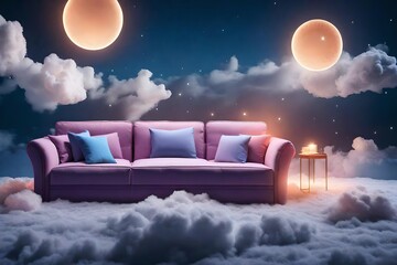 Wall Mural - 3D rendering of cozy sofa with flying pillows over fluffy clouds at night