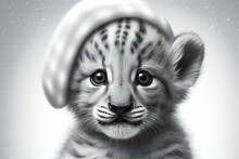 Snow Leopard Cub In A Santa Claus Hat