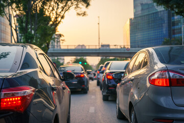 Car traffic jams in the city at rush hour