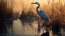 Heron On Canvases Among The Reeds