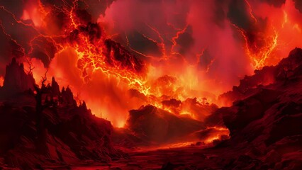 Wall Mural - a blazing tornado of fiery flame twisted and whirled around an outcropping of small rocks and boulde