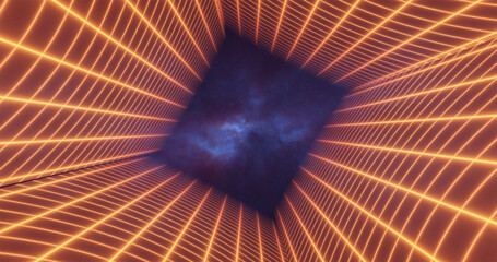 Poster - abstract orange yellow energy grid swirling tunnel of lines in the top and bottom of the screen magi