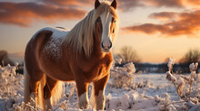 White Horse In The Mountains In Winter. Created With Ai Tools 