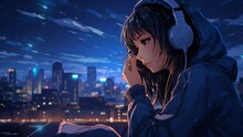 Lofi Anime Girl Headphones Sitting Alone In The Room With City Night Lights In The Background, Feeling Lonely And Sad. Loop Animation Video For Lofi Music And Live Wallpaper. Generated With AI