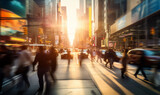 Fototapeta  - A busy city street in rush hour with commuters passing by. Long exposure motion blur urban scene