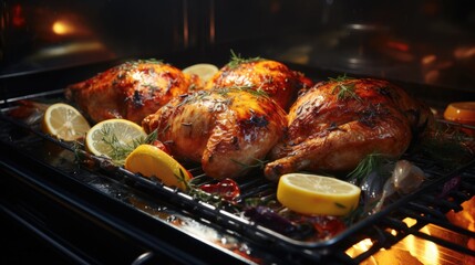 Delicious fried grilled chicken with a golden crust in the oven, home cooking