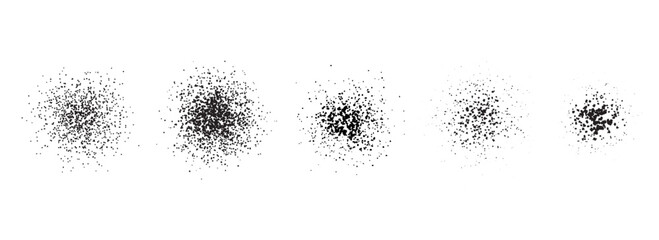 Poster - Stippled radial brush strokes. Grain dotted gradient collection. Grunge sprinkle spray texture. Dirty dust sand noise round elements. Splattered dotted overlay set. Black splashed stains spots vector