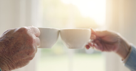 Poster - Elderly couple, hands or tea toast in house to enjoy bonding, love or celebration together in retirement. People, coffee drink or man at nursing home to relax with a senior woman on break by window