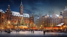 Snowy European Town Square, Adorned Christmas Tree And Bustling Market Stalls. Winter Holidays In City.