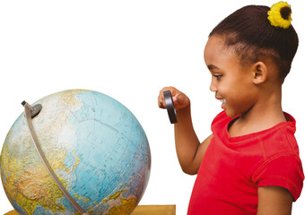 Poster - Digital png photo of african american schoolgirl with school globe on transparent background