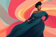 A beautiful black woman of plus size, fierce and proud, dancing in a beautiful dress, colorful illustration	
