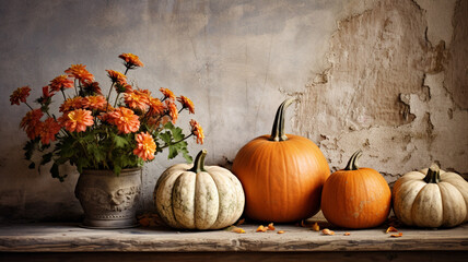 Wall Mural - autumn pumpkins and flowers in the rustic style