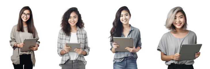 Wall Mural - Set of Portrait of young woman happy smiling cheerful holding using tablet computer, isolated on white background, png