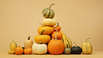 Wall Mural - Assortment of pumpkins and squashes on a solid colored background