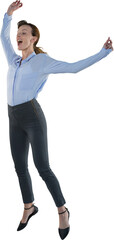 Poster - Digital png photo of happy caucasian businesswoman jumping on transparent background