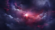 The cosmic space is filled with purple and pink clouds