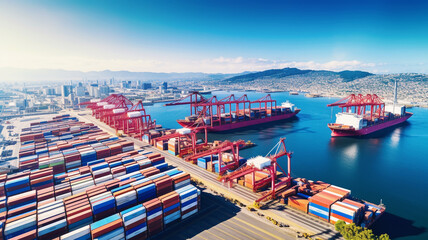 Aerial view of a bustling global container terminal and harbor