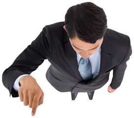 Poster - Digital png photo of biracial businessman pointing on transparent background
