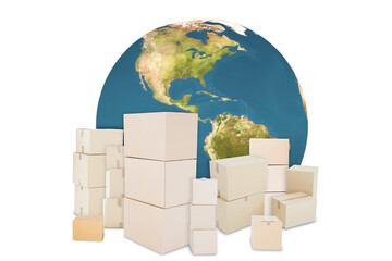 Sticker - Digital png illustration of globe with boxes on transparent background