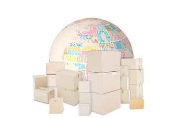 Sticker - Digital png illustration of globe with boxes on transparent background