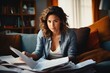 © visoot - Personal finance management and debt, Woman attentively reviewing a pile of bills, Contracts and documents.
