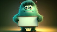 Cute Cartoon Monster Character Holding A Blank Sign. Created With Generative AI.	
