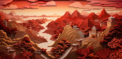 Wall Mural - red and green Great Wall of China cityscape, generative ai