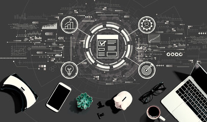 Poster - Project management theme with electronic gadgets and office supplies - flat lay