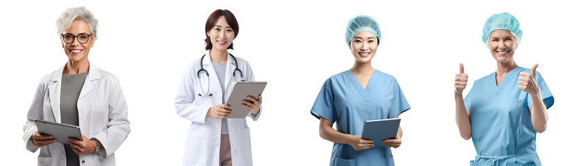 Set of Portrait of a middle aged doctor woman happy smiling and standing posing thump up, hand holding using tablet computer, isolated on white background, png