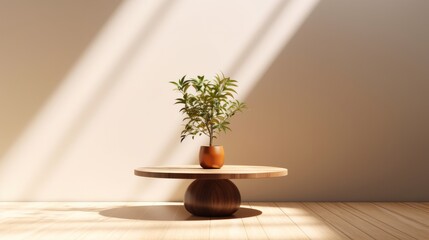 Wall Mural - wooden stand with plant in pot on beige wall background.