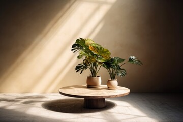 Wall Mural - plant in pot on wooden table with sunlight and shadow on wall