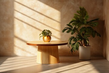 Wall Mural - wooden table and plant in vase with sunlight on beige wall