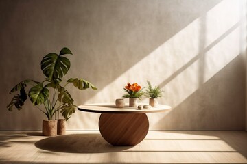 Wall Mural - wooden coffee table in modern room with plant. 3d rendering