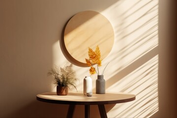 Wall Mural - vase with autumn leaves and round mirror on wooden table in room