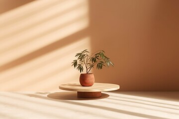 Wall Mural - potted plant on wooden stand in room with sunbeams and shadows