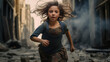 Scared terrified Innocent young girl running away from an airstrike. War concept