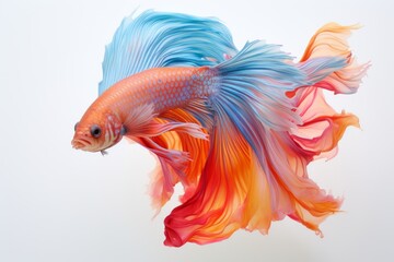 Wall Mural - A colorful betta fish in a graceful swim in front of a minimalist white backdrop. Generative AI