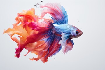 Wall Mural - A colorful betta fish in a graceful swim in front of a minimalist white backdrop. Generative AI