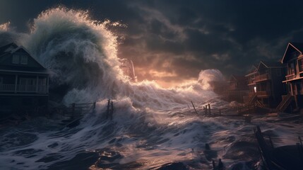 Wall Mural - a powerful hurricane sweeping through a fictitious coastal town