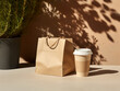 Empty shopping bag for branding witha coffee cup, kraft paper bag, logo poftfolio, With Generative AI technology
