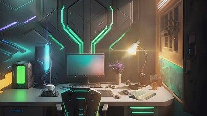 futuristic room with cool computer desk setup. 3d cartoon painting illustration style. seamless loop