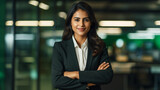 Fototapeta  - Young confident smiling Indian business woman leader, successful entrepreneur, professional company executive ceo manager, wearing suit standing in office with arms crossed. made with generative ai