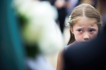 Crying Child, sad and family at funeral at graveyard ceremony outdoor at burial place. Death, grief and group of people at cemetery for service while mourning a loss at event or grave