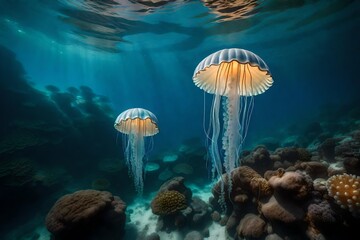 Wall Mural - A Lush Undersea Tapestry of Verdant Greenery Surrounding an Enchanting Undersea Lake, Where Graceful Jellyfish Float in a Ballet of Bioluminescence, Creating an Ethereal Underwater Environment Teeming