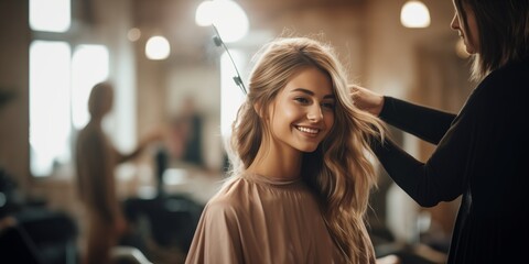 Wall Mural - A young beautiful woman is getting her hair done